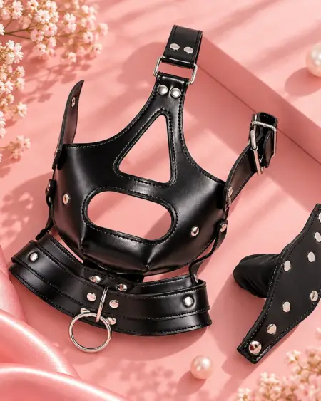 Maska BDSM z obrożą i odpinanym kneblem