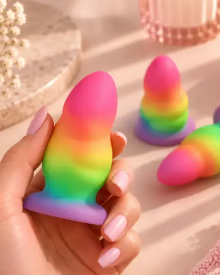 Świecący w ciemności korek analny Rainbow Glow z przyssawką, silikonowy